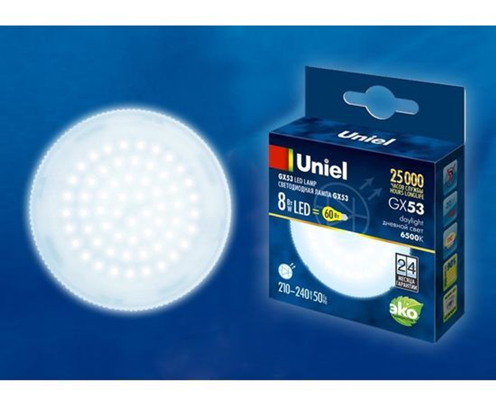 Лапочка Uniel GX53 св/д 8W(670lm) 6500K 6K 75х28 матовая LED-GX53-8W/6500K/GX53/FR, 1 шт.