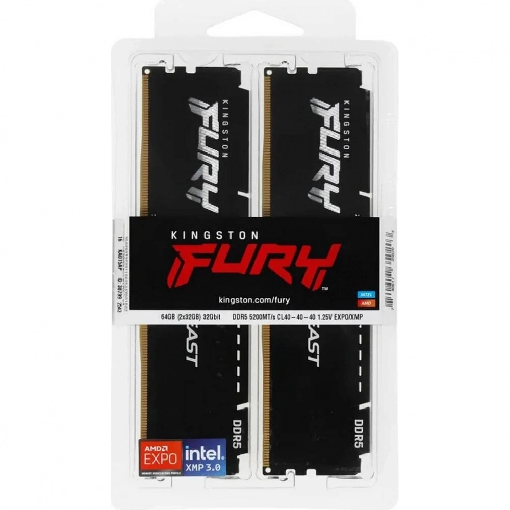 Память оперативная Kingston DDR5 2x32GB 5200MHz Fury Beast Black Expo RTL Gaming (KF552C40BB2K2-64)