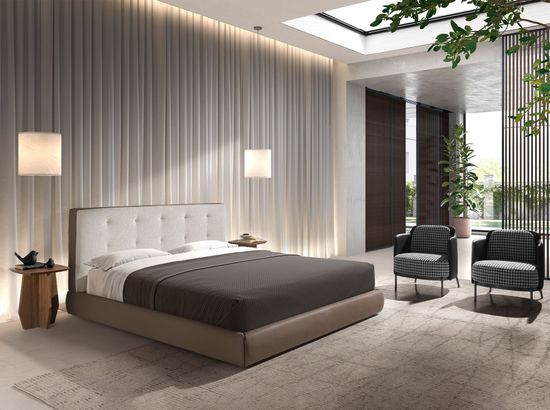 Кровать 7174 с обивкой из коричневой ткани и коричневой эко-кожи 180x200 см