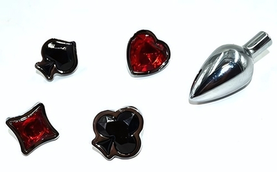 Набор из серебристой анальной пробки из нержавеющей стали и 4 кристаллов в форме мастей - 7,6 см. (Цвет: черный с красным)