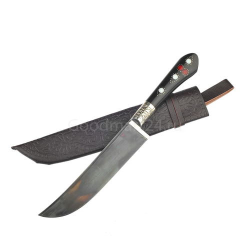 Нож Пчак средний, гарда мельхор с узорами, рукоять эбонит с камнями, клинок ШХ-15, 14 см.
