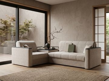 Диван угловой с Баром Неаполь 1,2 - Velutto 17 бежевый/ коричневая накладка