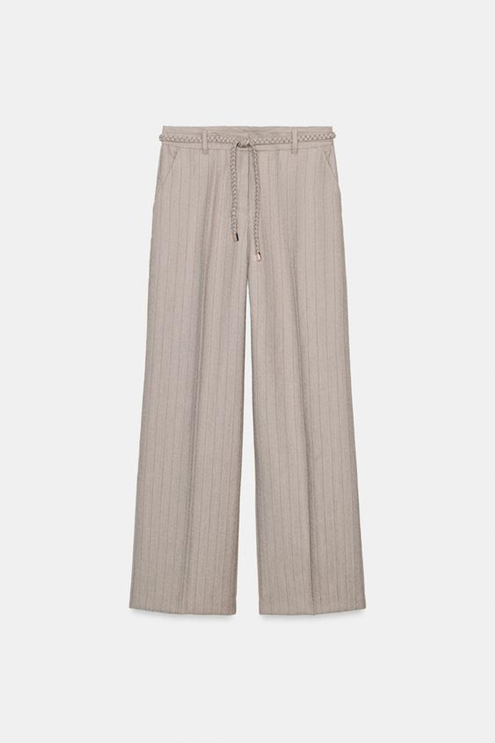 ZARA БРЮКИ В ЕЛОЧКУ С ПЛЕТЕНЫМ ПОЯСОМ, КАМЕННО-СЕРЫЙ