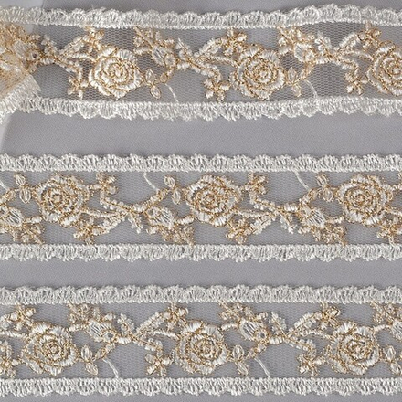 Кружево на сетке  10542 шир.30мм цв.белый/золото упак13,71м