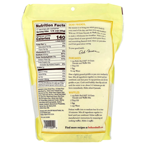 Bob's Red Mill, Смесь для блинов и вафель из 10 злаков, цельнозерновые, 680 г (24 унции)