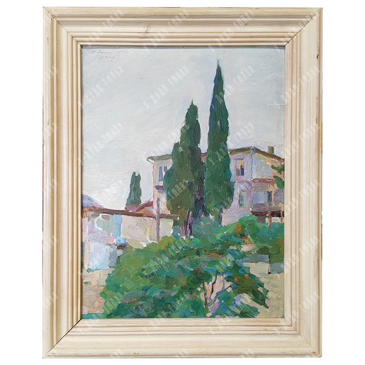 Динес Ю. С. Дом с кипарисами. Гурзуф. Картон, масло. 1958