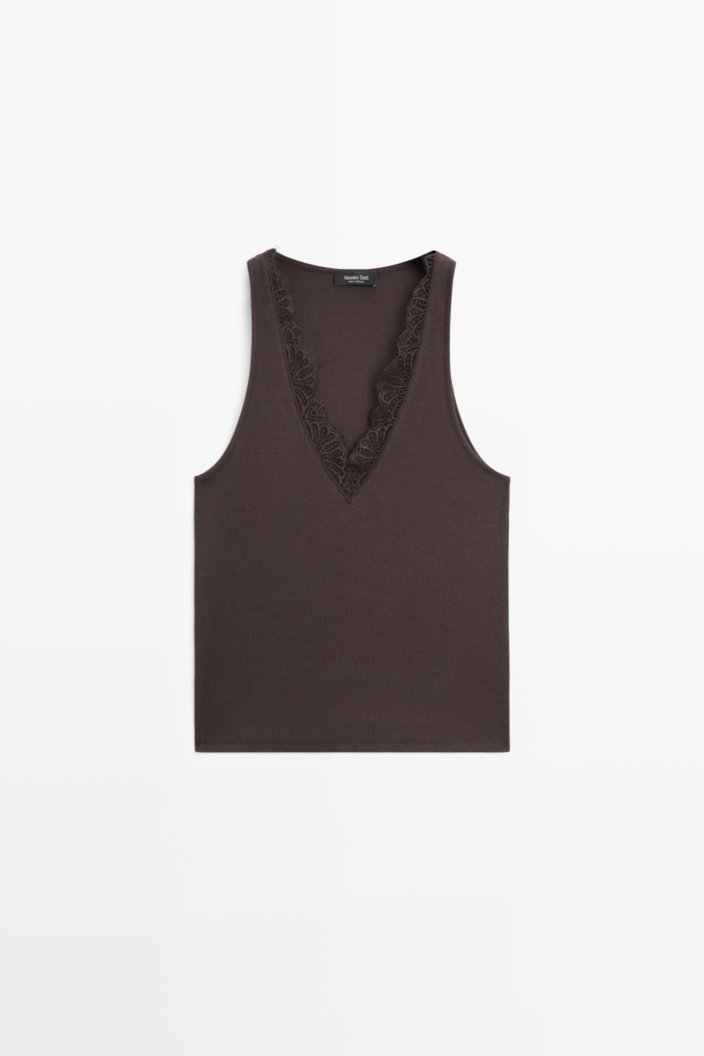 Massimo Dutti Топ с V-образным вырезом и кружевом, коричневый