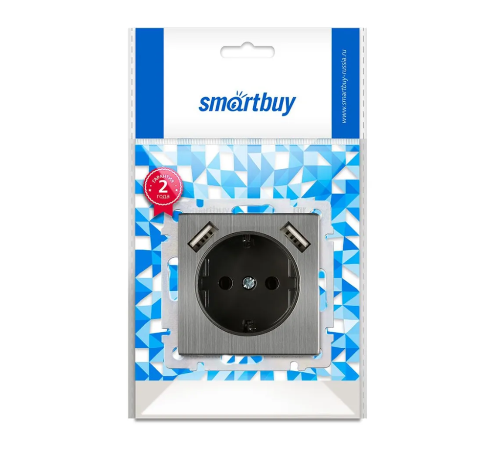 Розетка Smartbuy с заземлением и 2-мя USB 16А "Нептун" (SBE-05gn-16-S1-USB), серый никель