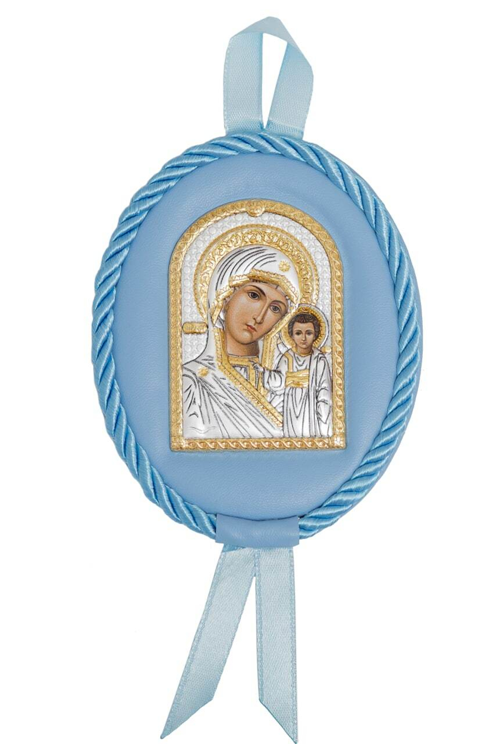 Казанская БМ, икона детская, овальная, синяя кожа 70х90