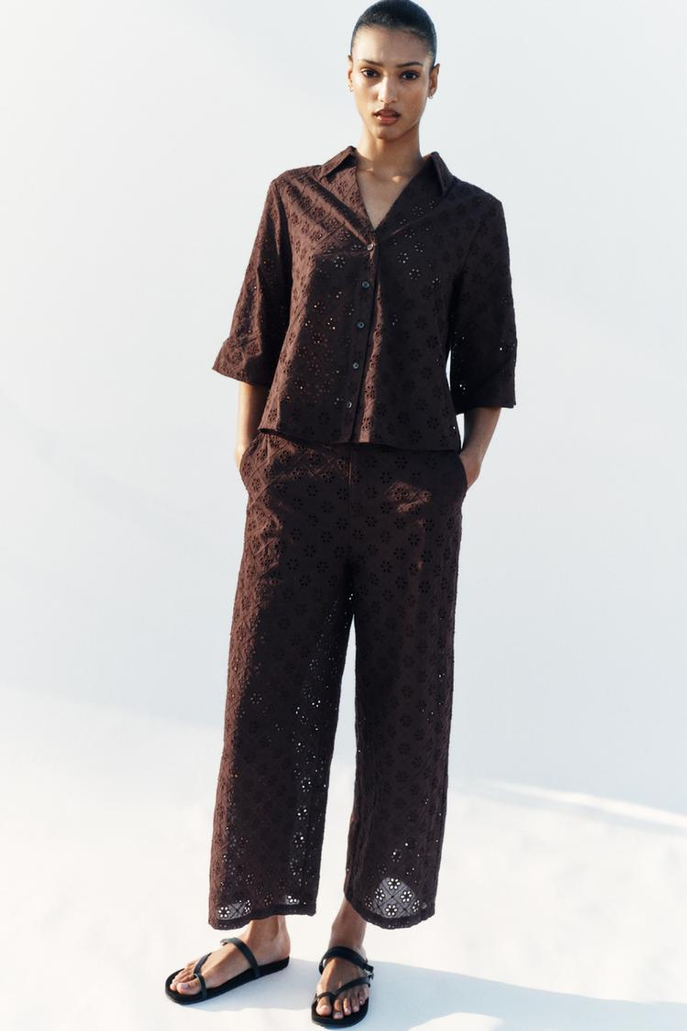 ZARA БРЮКИ-КЮЛОТЫ С АЖУРНОЙ ВЫШИВКОЙ, КОРИЧНЕВЫЙ