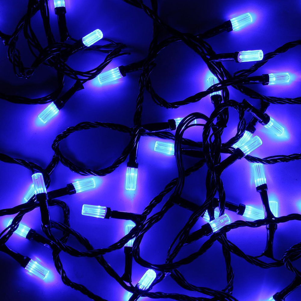 Электрогирлянда LED одноцвет.синяя 100 ламп, 9 м, 4р.м., черный провод, в конце розетка