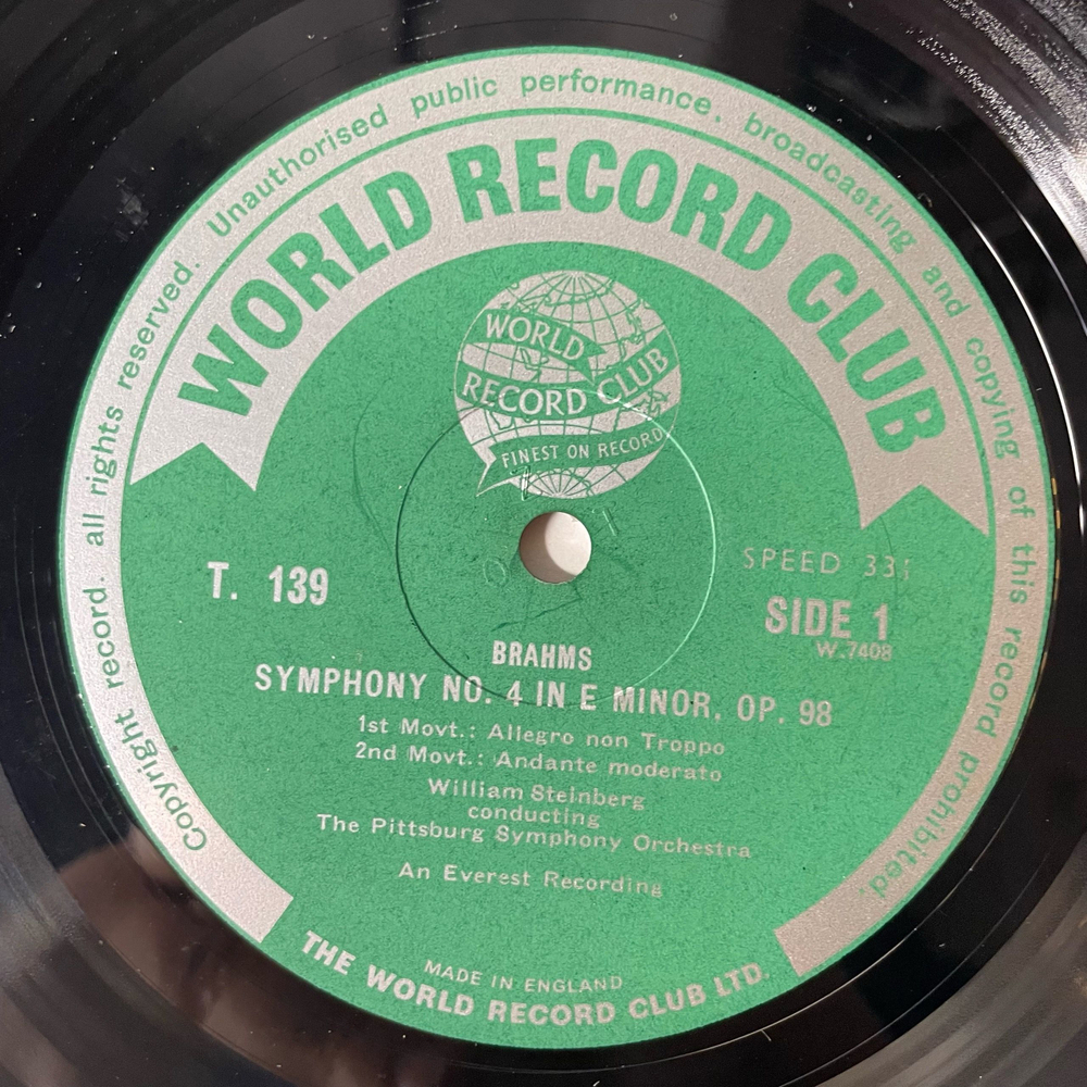 Винтажная виниловая пластинка LP Brahms Брамс, William Steinberg , Conducting The Pittsburgh Symphony Orchestra Симфония Symphony No. 4 (Англия 1961)