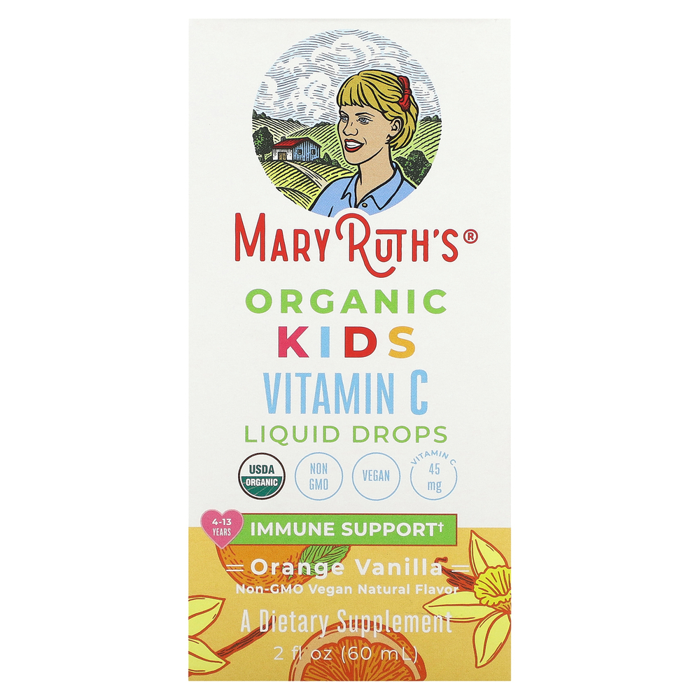 MaryRuth's, Organic, жидкие капли с витамином C для детей, для детей от 4 до 13 лет, с апельсином и ванилью, 60 мл (2 жидк. Унции)