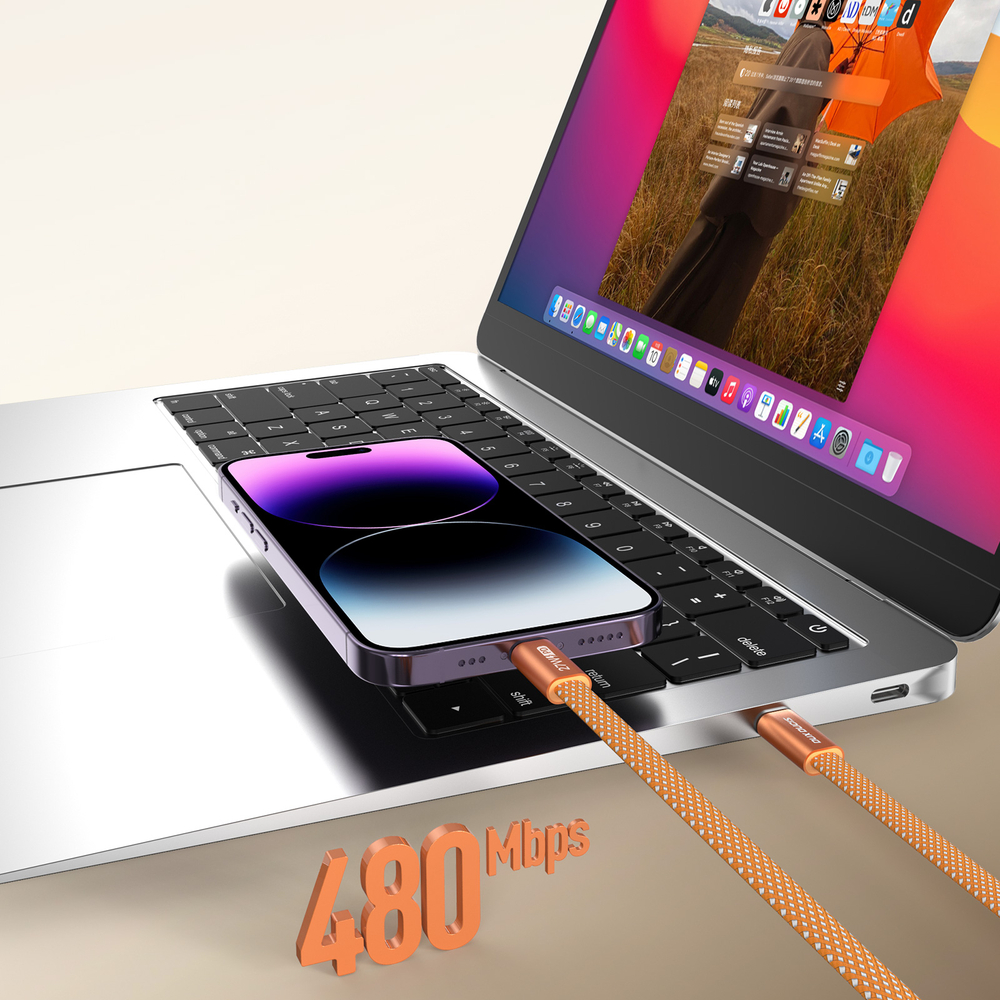 Магнитный кабель оранжевого цвета для быстрой зарядки 27W, длина 100см (1м) с разъемом Type C на Lightning, серия AUTO Series Aluminum от Dux Ducis