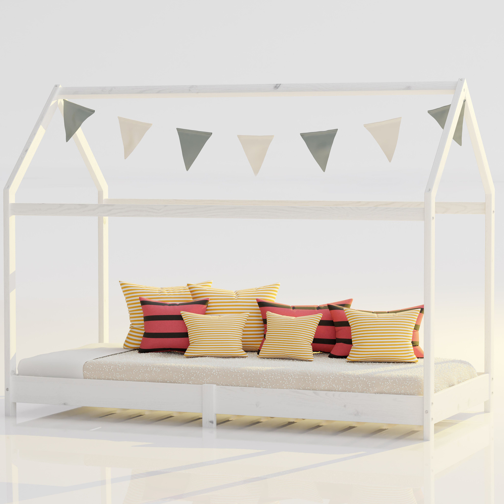 Кровать домик односпальная 90х190 Кози с настилом из массива сосны для детской комнаты, белая
