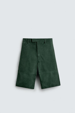 ZARA ШОРТЫ-БЕРМУДЫ ИЗ ЗАМШЕВОЙ КОЖИ RELAXED FIT, ЗЕЛЕНЫЙ