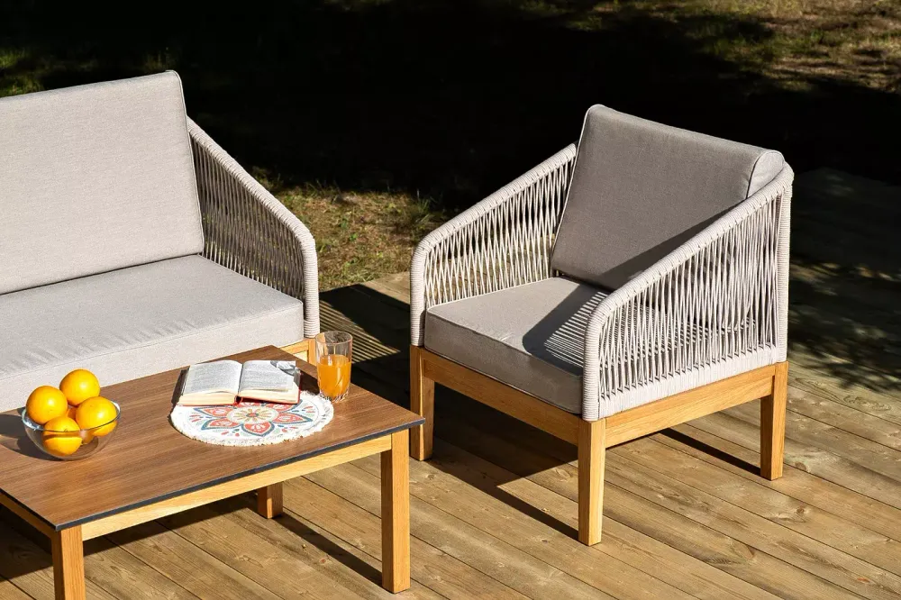 "Канны" кресло плетеное из роупа, основание дуб, роуп бежевый круглый, ткань бежевая 15052