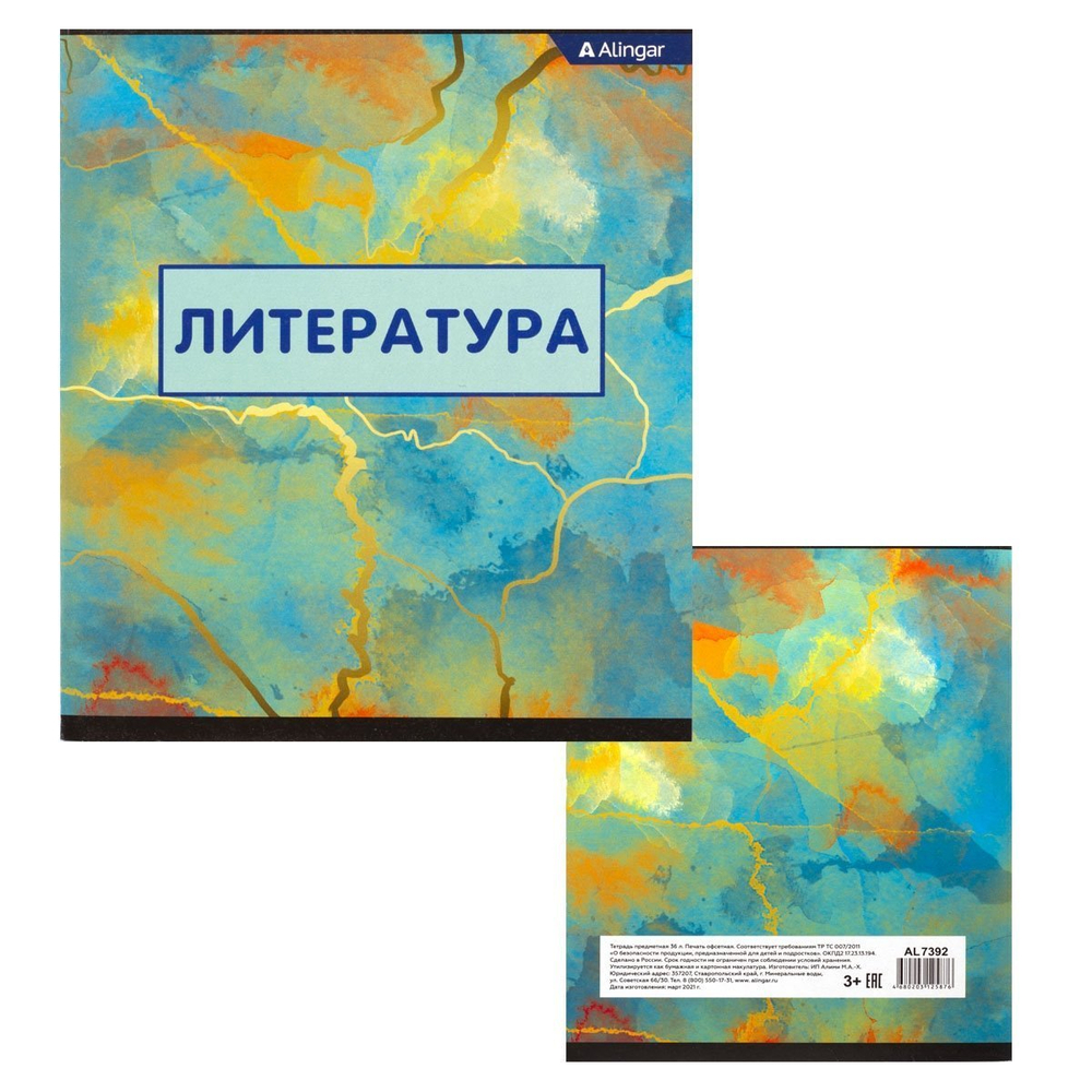 Тетрадь предметная "Литература" А5 36л., линия, со справочным материалом, скрепка, мелованный картон (стандарт), блок офсет, Alingar "Мрамор"
