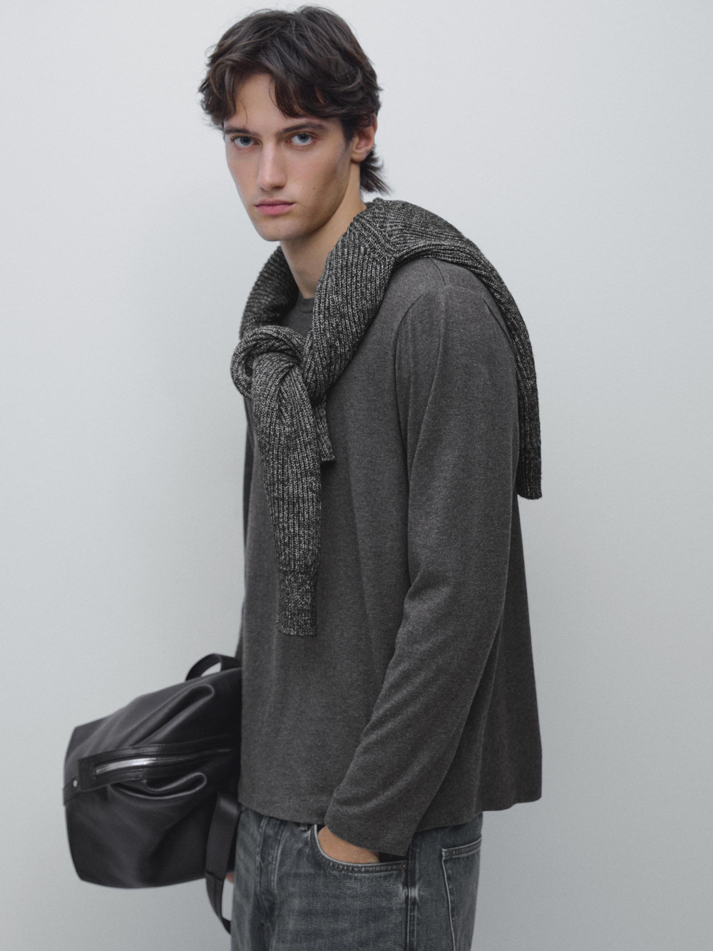 Massimo Dutti Хлопковая футболка с длинными рукавами, серый меланж