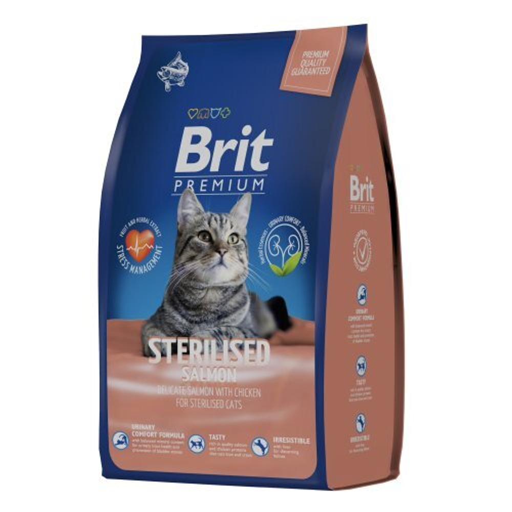 Сухой корм для стерилизованных кошек BRIT PREMIUM с лососем и курицей "Cat Sterilised Salmon&Chicken", 0.8кг
