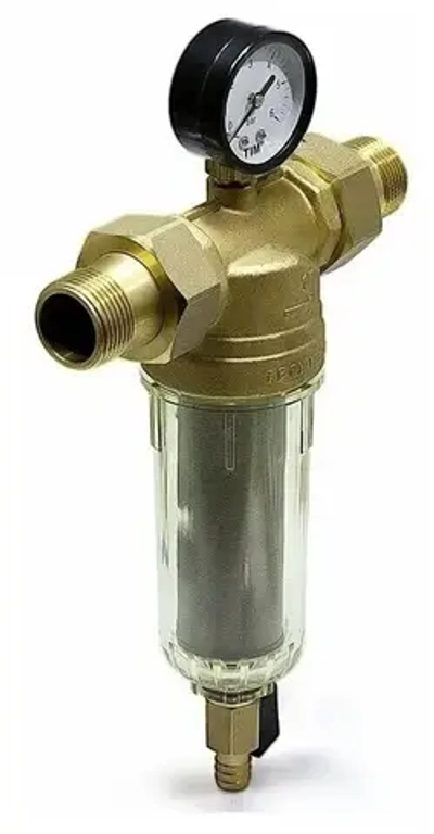 Фильтр самопромывной TIM 1/2" с манометром в стеклянном корпусе