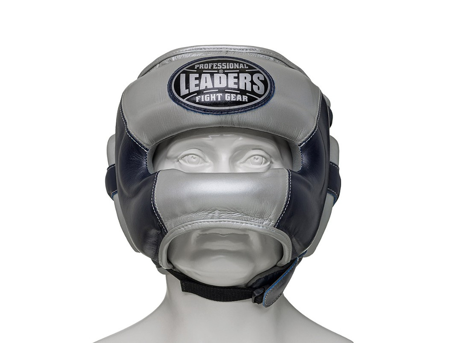 Шлем боксерский LEADERS LS ULTRA с бамперной защитой BL/SIL  кожа, синий тёмный/серебристый