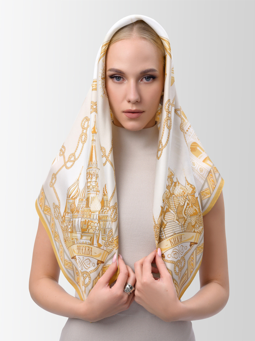 Платок «Реки России» бежевый 100% шёлк