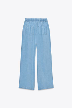 ZARA БРЮКИ С ШИРОКИМИ ШТАНИНАМИ И ЭЛАСТИЧНЫМ ПОЯСОМ, ГОЛУБОЙ