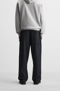 ZARA БРЮКИ КАРГО В ПОЛОСКУ С КАРМАНОМ, МОРСКОЙ СИНИЙ