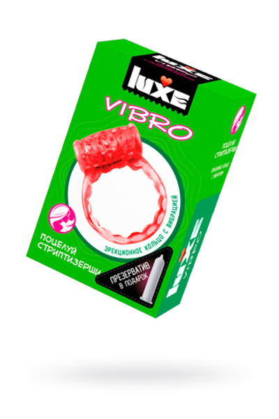 Виброкольцо LUXE VIBRO Поцелуй стриптизерши + презерватив,красный, 1 шт, 18 см