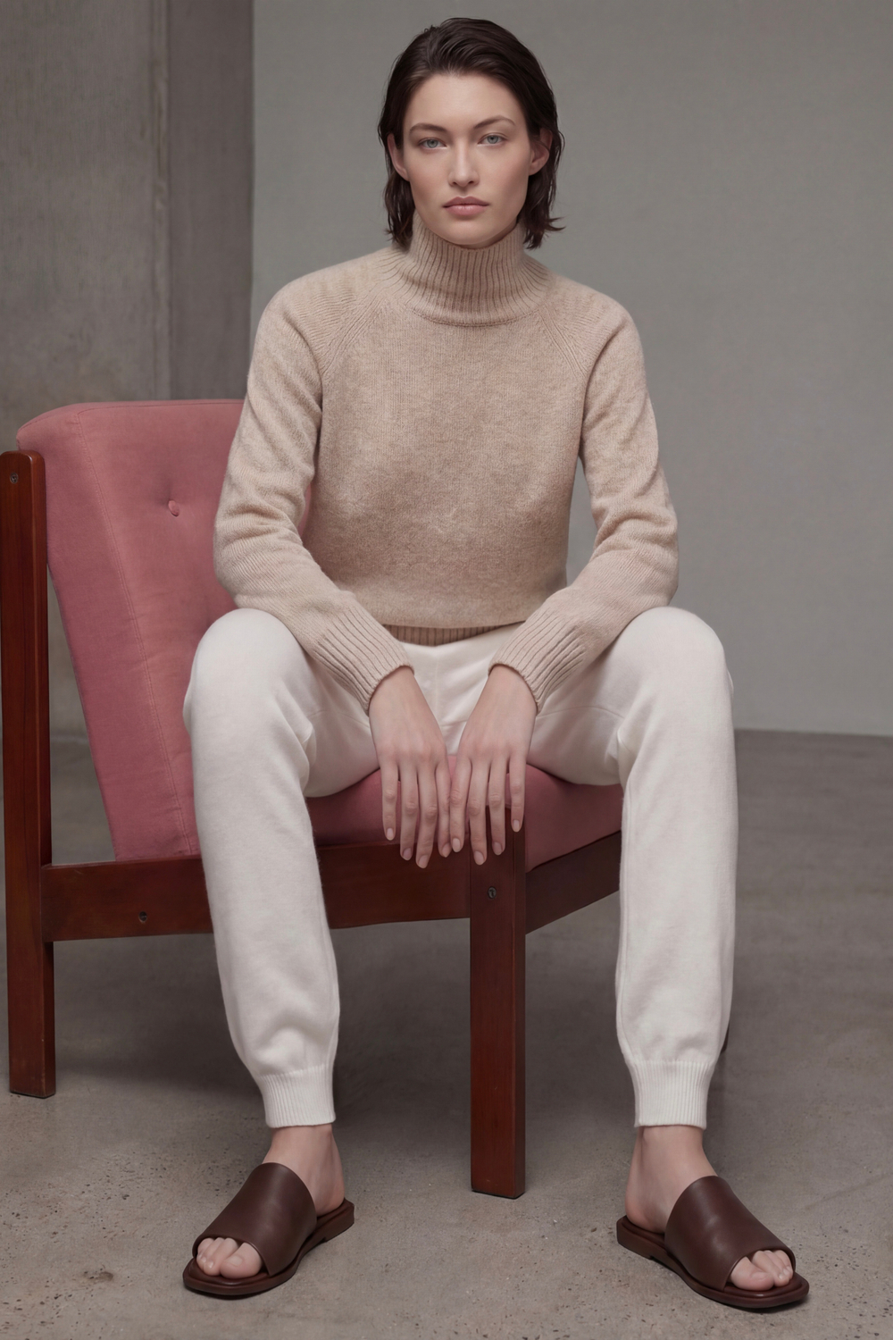 Костюм с кашемиром бежевый свитер и брюки белые