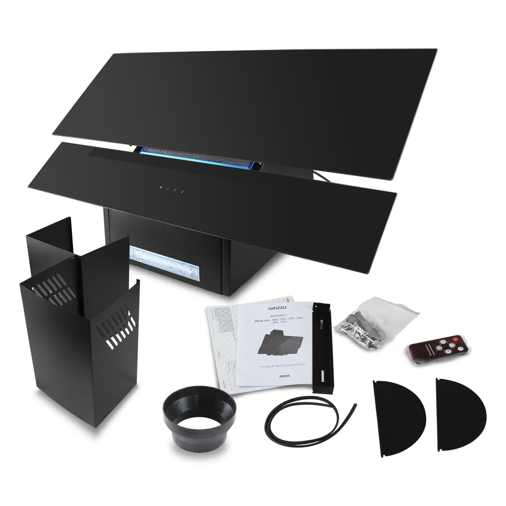 Вытяжка наклонная HKH-513 Ginzzu черное стекло, 90см, сенсорное управление 650м3/час