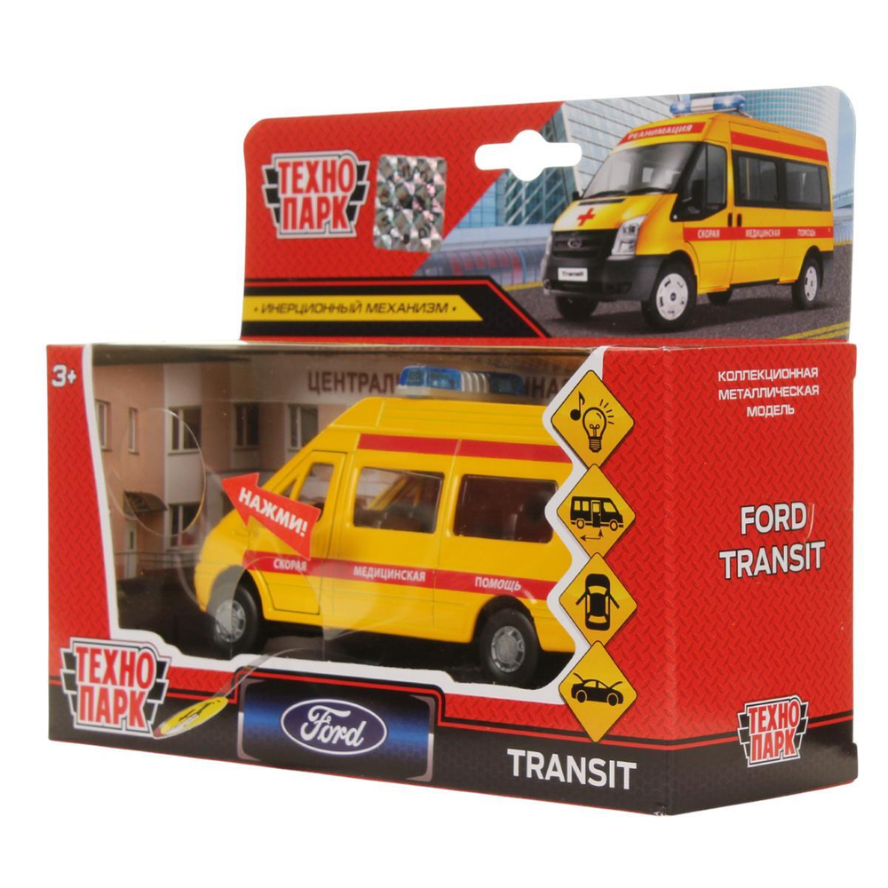 Модель ин. мет. "Ford Transit. Реанимация" 13см. звук-свет, дв., баг. коробка SB-13-02-A-WB (Технопарк)