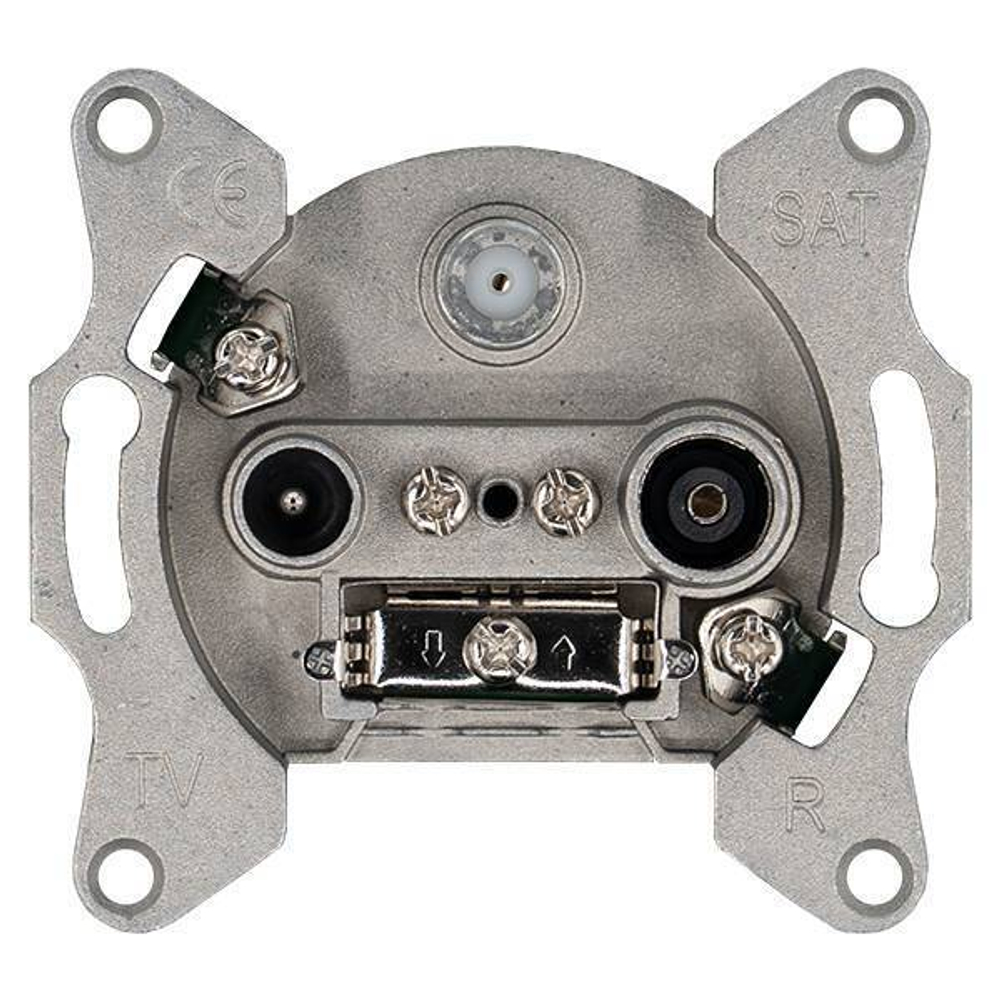 Розетка TV+FM+SAT Φ9.5mm проходная с накладкой, цвет белый глянцевый