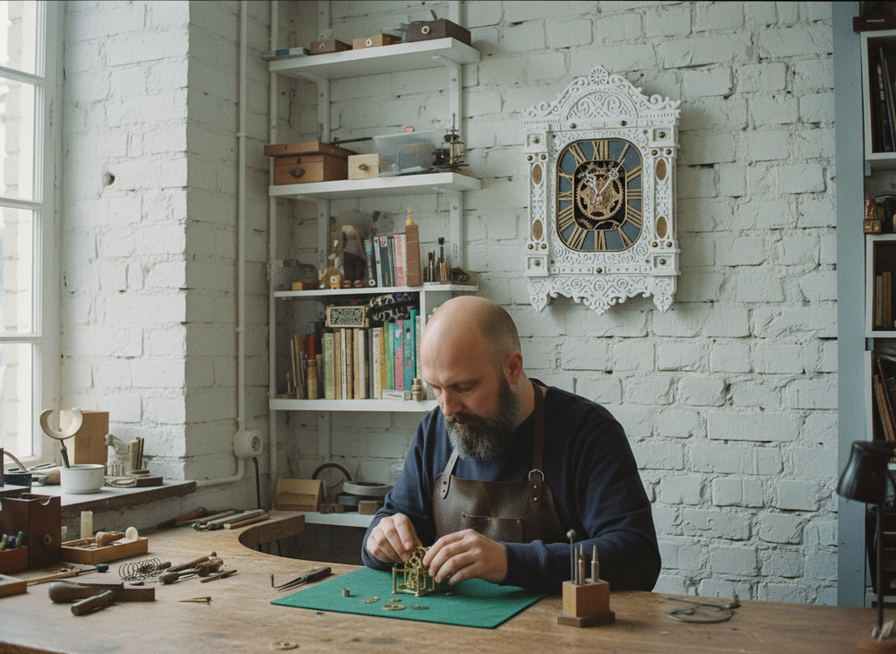 Мастер собирает механизм за верстаком, а на белой кирпичной стене висят часы WOODandROOT «Автоматон Вологда» с резным наличником и тёплой патиной.