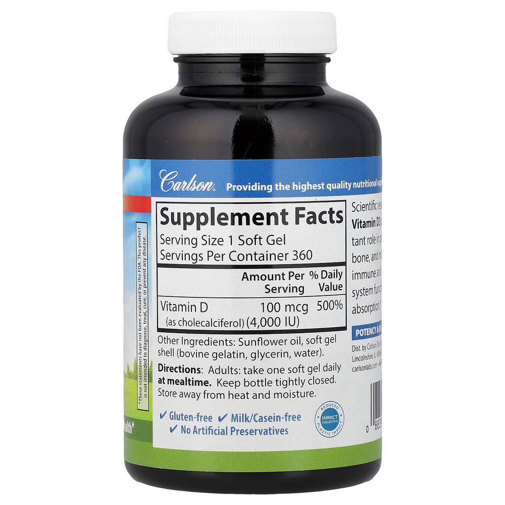 Carlson, Витамин D3, 100 мкг (4000 МЕ), 360 мягких таблеток