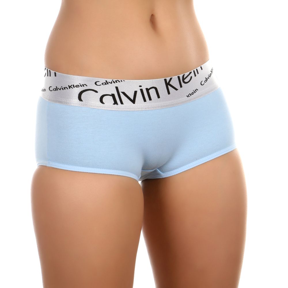 Женские трусы-шорты голубые с серебристой резинкой Calvin Klein Women Sky Blue Steel Italic Waistband