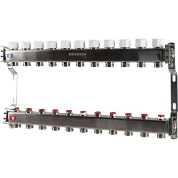 Коллектор Rommer 1"x3/4" на 11 контуров с запорными клапанами (нерж. сталь) RMS-3200-000011