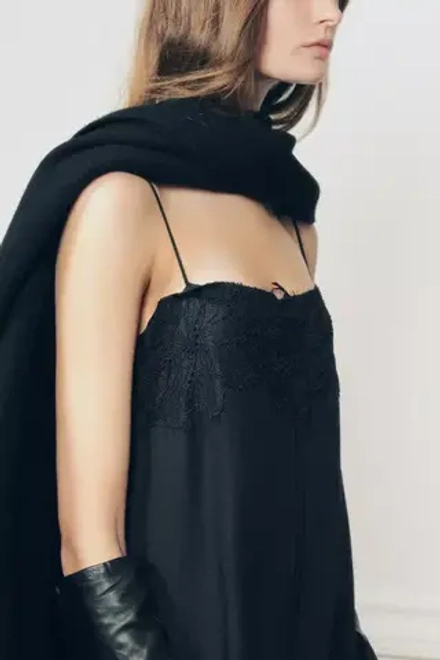 ZARA ПЛАТЬЕ ИЗ СМЕСОВОГО ЛЬНА С КРУЖЕВОМ, ЧЕРНЫЙ