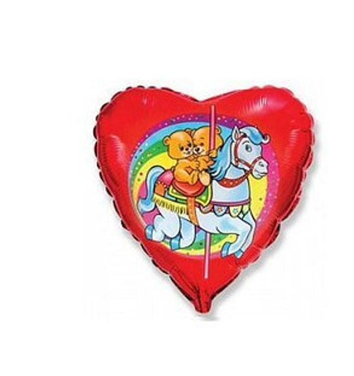 Шар сердце 46 см Мишки на лошадках