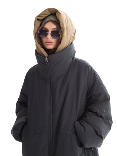 Черно-оливковый длинный пуховик с капюшоном