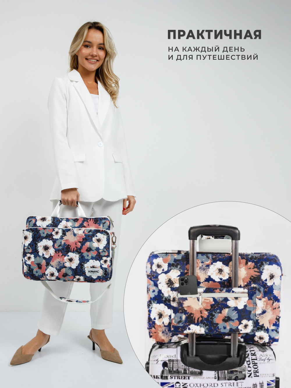 Сумка для ноутбука 15,6" и 17" с ремнем на плечо и большим карманом спереди (Цветы)