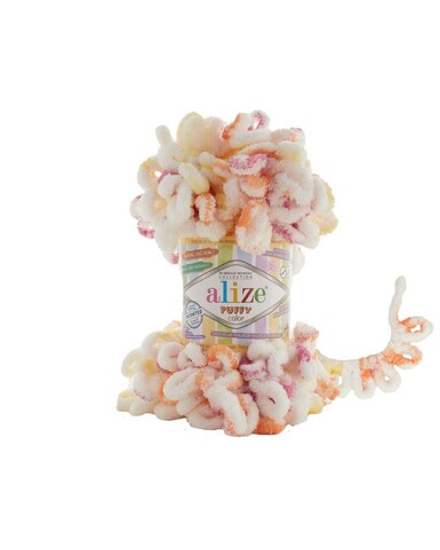 Пуффи колор (Puffy color) пряжа Alize 100%микрополиэстер 5х100г/9 м (6244 белый/желтые-оранжевые-пыльно розовые пятна)