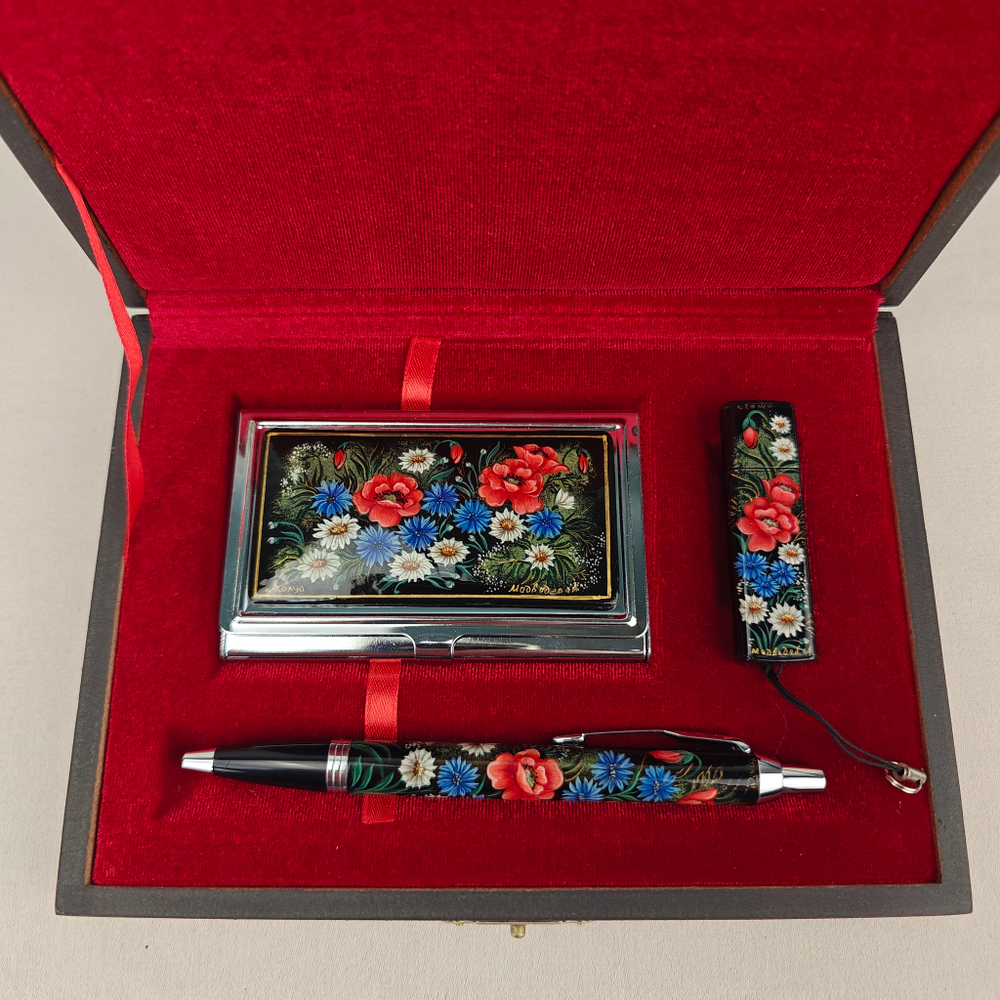 Набор "Полевые цветы" визитница, флешка и ручка Parker с ручной росписью Палех в футляре