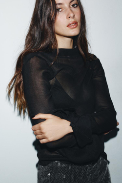 ZARA КОМБИНИРОВАННЫЙ ТОП С ВОЛАНАМИ, ЧЕРНЫЙ