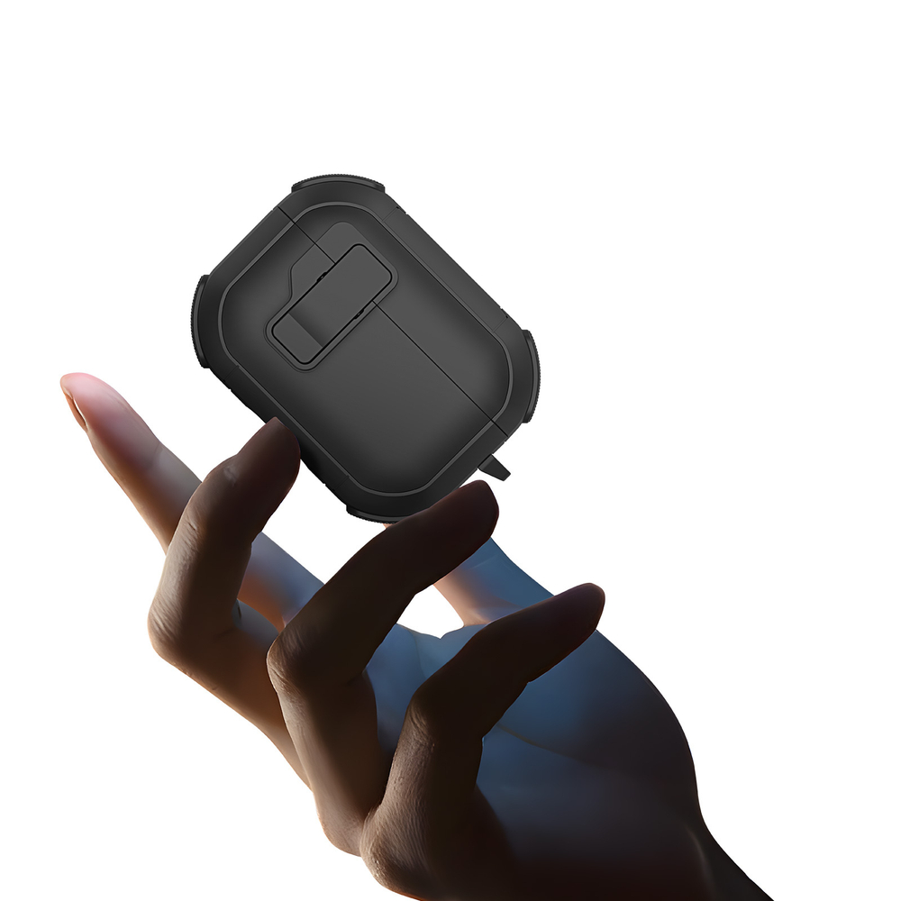 Усиленный чехол черного цвета от Dux Ducis для наушников AirPods 4, серия PECP Series Case, в комплекте с карабином