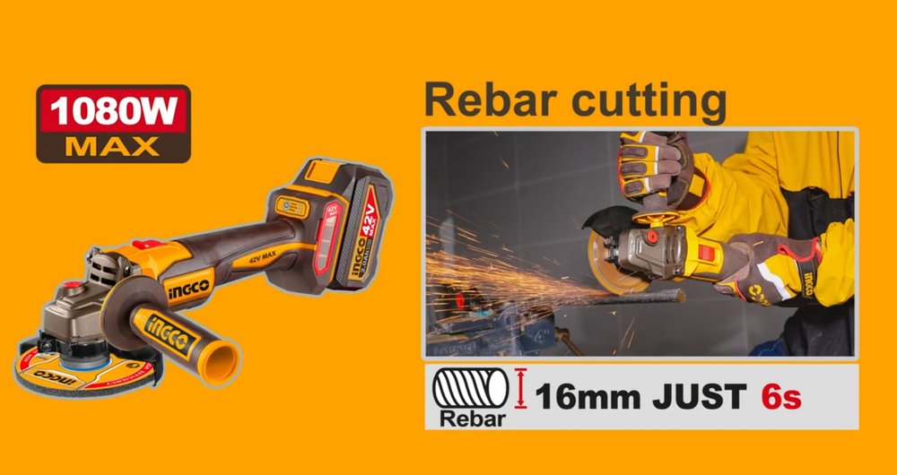 Аккумуляторная угловая шлифовальная машина (УШМ) INGCO CAGLI4108112 INDUSTRIAL 42 В 115 мм 2х2 Ач