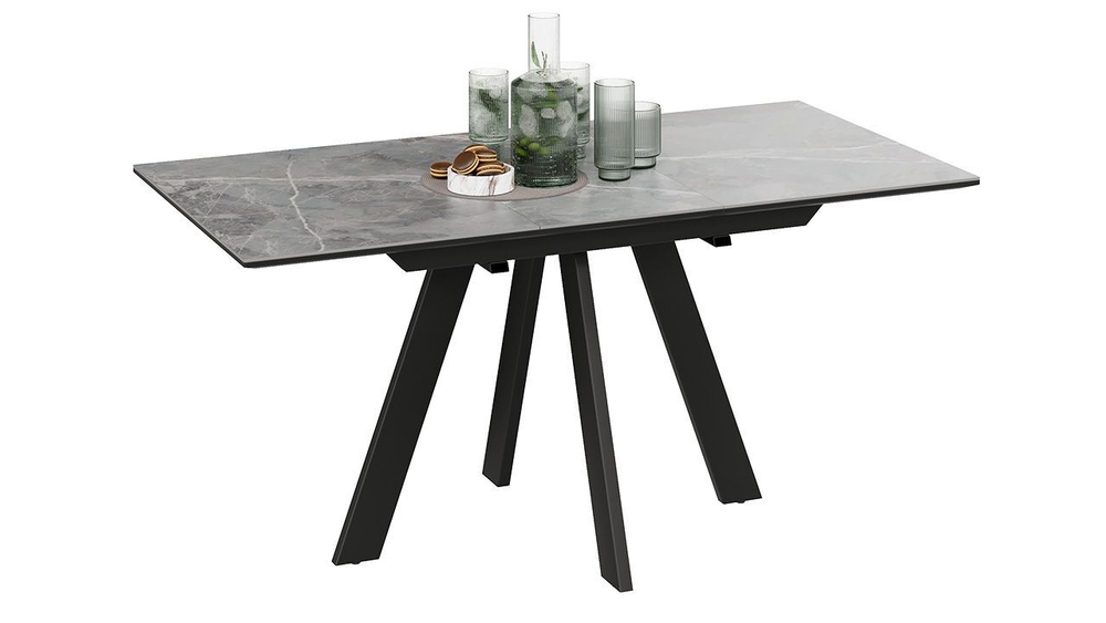 Стол кухонный обеденный раздвижной Черный муар/Керамика матовая серый мрамор 120(160)х80х76 см