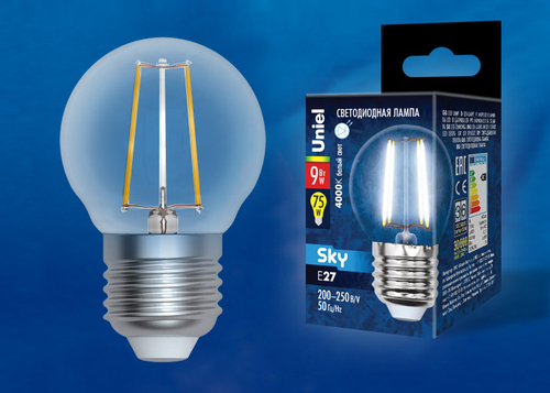 LED-G45-9W/4000K/E27/CL PLS02WH Лампа светодиодная. Форма шар, прозрачная. Серия Sky. Белый свет (4000К). Картон. ТМ Uniel.
