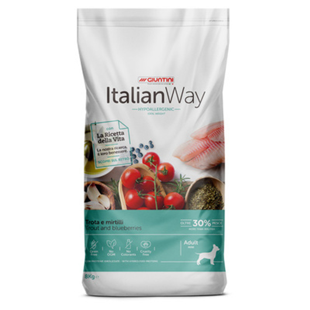 Italian Way Корм для собак малых пород со свежей форелью и черникой,контроль веса и профилактика аллергии (ITALIAN WAY MINI IDEAL WEIGHT TROUT/BLUEBERRY) 8 кг